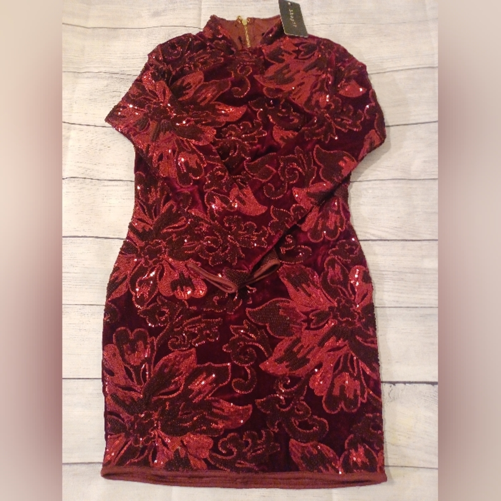 Red Long Sleeve Sequin Dress
